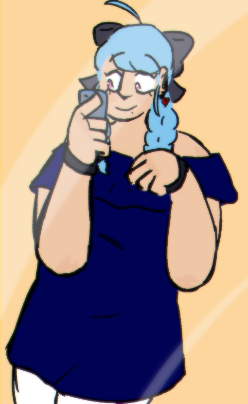A drawing of Bell Noelle.  She is a young woman with light blue hair in two braids with an ahoge and black bow in the back, pink eyes, and a mole by her mouth.  She is wearing red heart earrings, simple black bracelets, a ruffly blue off-the-shoulders dress, and white leggings.  She is smiling and glancing at a phone held in one of her hands, the other hand resting gently over her chest.  There are white shines on the image indicating it's in a mirror, and a faint blur with slight chromatic aberration.