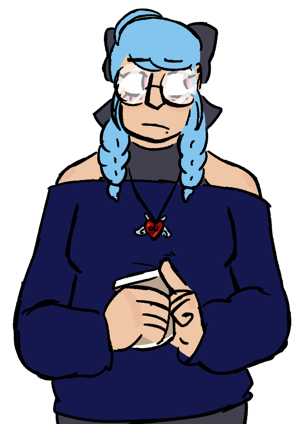 Another drawing of Bell Noelle.  This time, her ahoge is drooping down, she looks nervous, and there are bags under her eyes.  She is also dressed differently; round glasses, red heart pendant necklace with silver that resembles wings and rabbit ears, a baggy dark blue sweater that comes off the shoulders, a tight black tanktop underneath, and black pants.  She's glancing to the side and holding a to-go coffee cup in both hands, one finger tapping the edge of the lid.